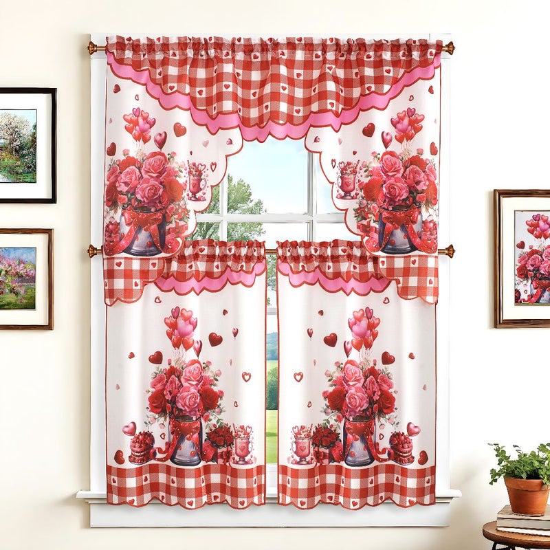 3 Piece Rose Heart Gnome Curtain Set 56x35 Inch for Valentine Kitchen - Image 1
