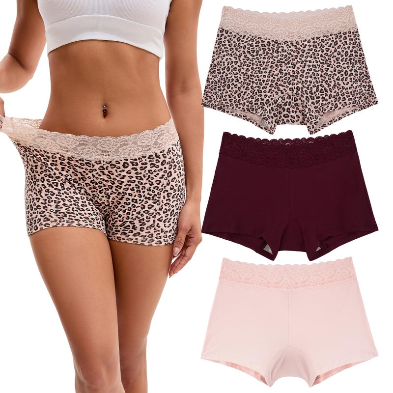 INNERSY Boyshort Underwear for Women Cotton Lace Boxer Briefs Ladies Boyshorts Panties 3 Pack(Large,Leopard/Light Pink/Red) - Image 1