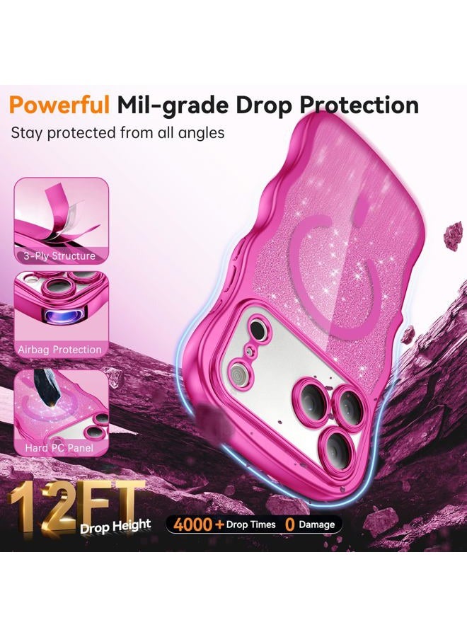 BENTOBEN Magnetic for iPhone 17 Pro Max Case 2025, Clear Glitter Cute Curly Wavy [Compatible with Magsafe] Sparkly Shinny Slim Design Shockproof Protective Girly Women Phone Cover, Hot Pink/Clear - Image 5