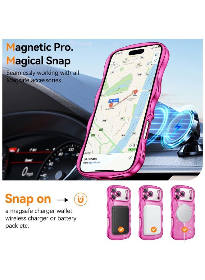 BENTOBEN Magnetic for iPhone 17 Pro Max Case 2025, Clear Glitter Cute Curly Wavy [Compatible with Magsafe] Sparkly Shinny Slim Design Shockproof Protective Girly Women Phone Cover, Hot Pink/Clear - Image 2