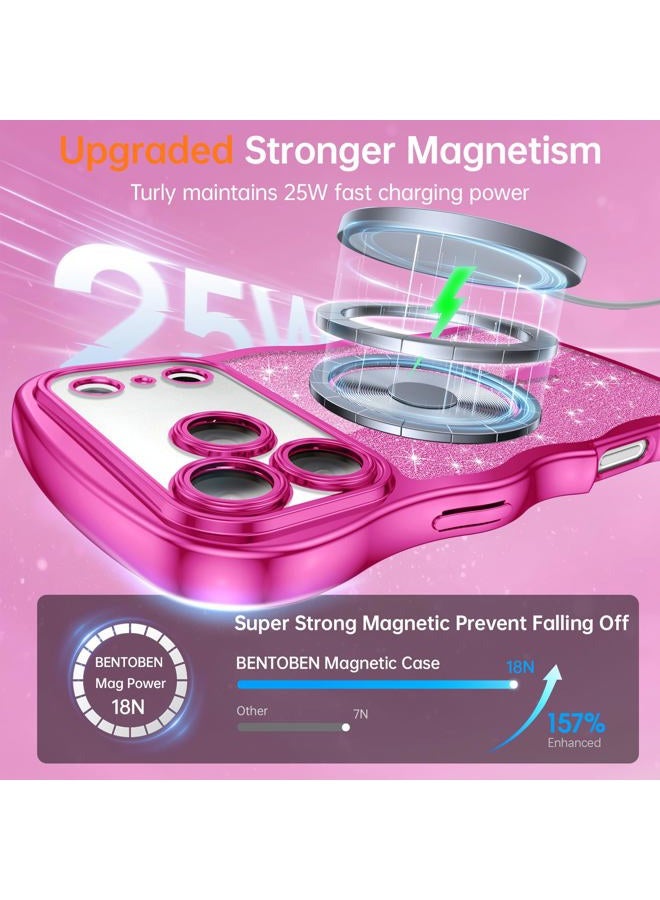 BENTOBEN Magnetic for iPhone 17 Pro Max Case 2025, Clear Glitter Cute Curly Wavy [Compatible with Magsafe] Sparkly Shinny Slim Design Shockproof Protective Girly Women Phone Cover, Hot Pink/Clear - Image 3
