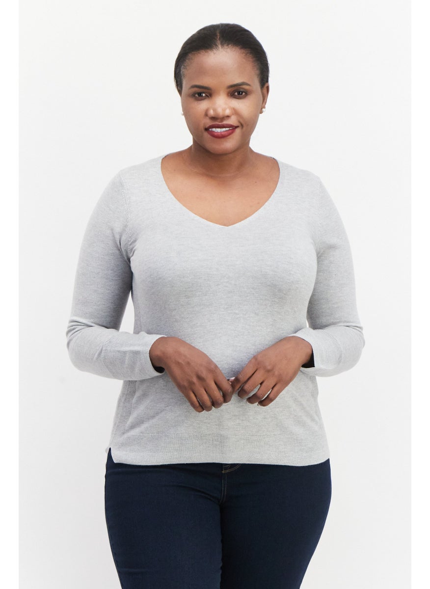 ESPRIT Women V Neckline Plain Pullover Sweater, Grey  - Image 1