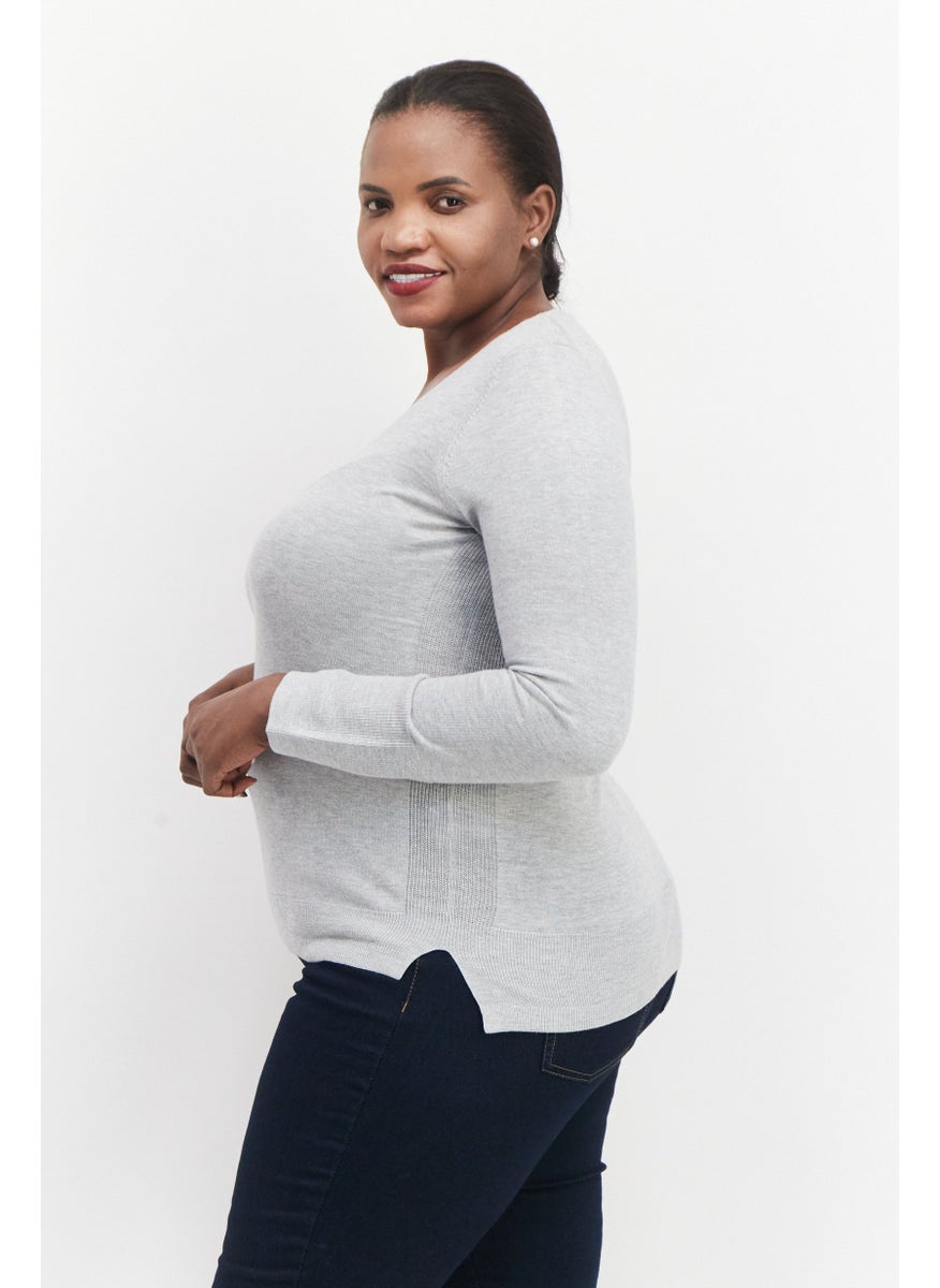 ESPRIT Women V Neckline Plain Pullover Sweater, Grey  - Image 3