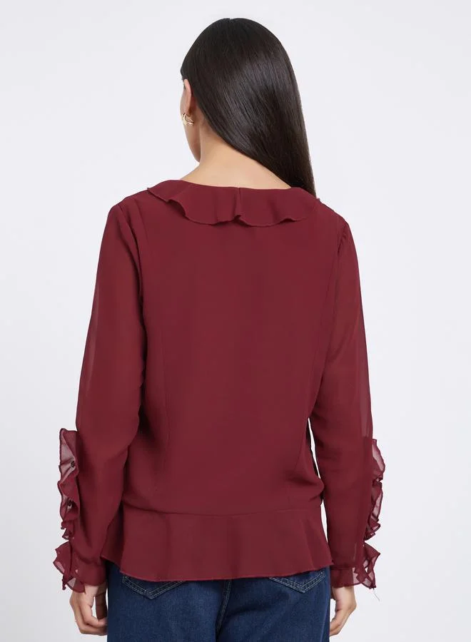 Styli Maroon Styli Maroon Frill Detail V Neck Chiffon Blouse for Women | Best Price UAE