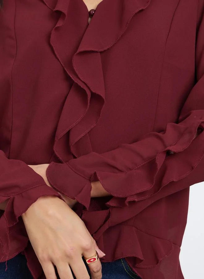 Styli Maroon Styli Maroon Frill Detail V Neck Chiffon Blouse for Women | Best Price UAE
