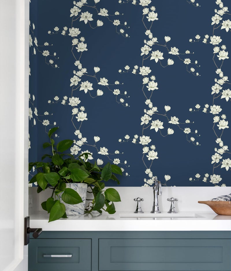 GloryTik Dark Blue Floral Peel and Stick Wallpaper Beige Flowers Contact Paper Self Adhesive Removable Chinoiserie Wall Paper for Living Room Bedroom Bathroom Wall Vinly Roll Decor 17.3" X 118" - Image 3