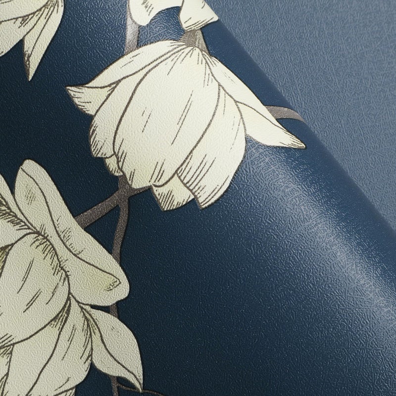 GloryTik Dark Blue Floral Peel and Stick Wallpaper Beige Flowers Contact Paper Self Adhesive Removable Chinoiserie Wall Paper for Living Room Bedroom Bathroom Wall Vinly Roll Decor 17.3" X 118" - Image 5