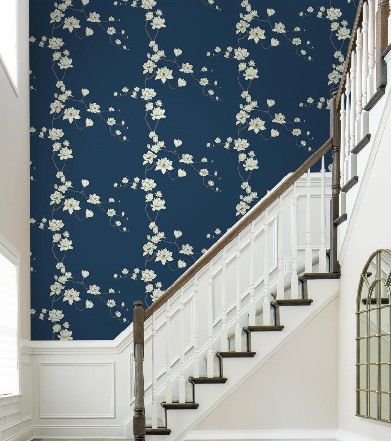 GloryTik Dark Blue Floral Peel and Stick Wallpaper Beige Flowers Contact Paper Self Adhesive Removable Chinoiserie Wall Paper for Living Room Bedroom Bathroom Wall Vinly Roll Decor 17.3" X 118" - Image 4