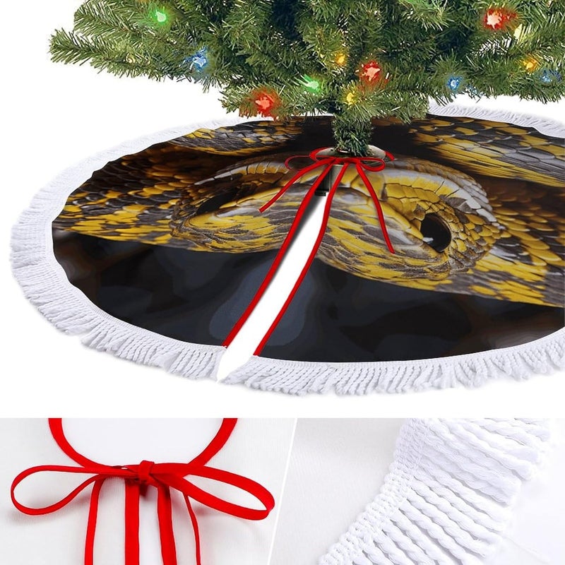 Yellow Snake Christmas Tree Skirt 30"x30" Winter Holiday Tree Mat for Christmas Tree Decorations Thickened Christmas Tree Collar with Tassel for Farmhouse Home Christmas Decorations - Image 3
