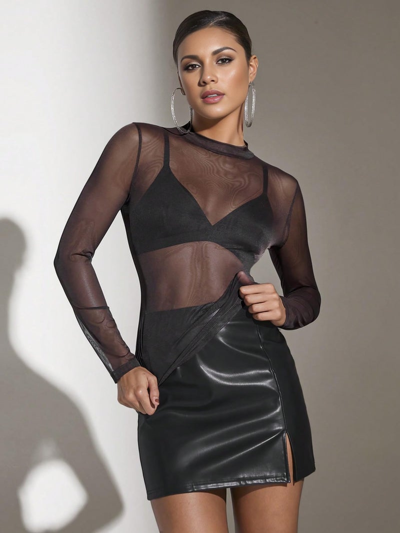OFEEFAN Black Mesh Top Long Sleeve Shirts for Women Going Out Tops Sexy Clubwear Lightweight M - Image 3