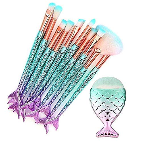 Funfunman Makeup Brushes 11PCS Make Up Foundation Eyebrow Eyeliner Blush Cosmetic Concealer BrushesMermaid Colorful