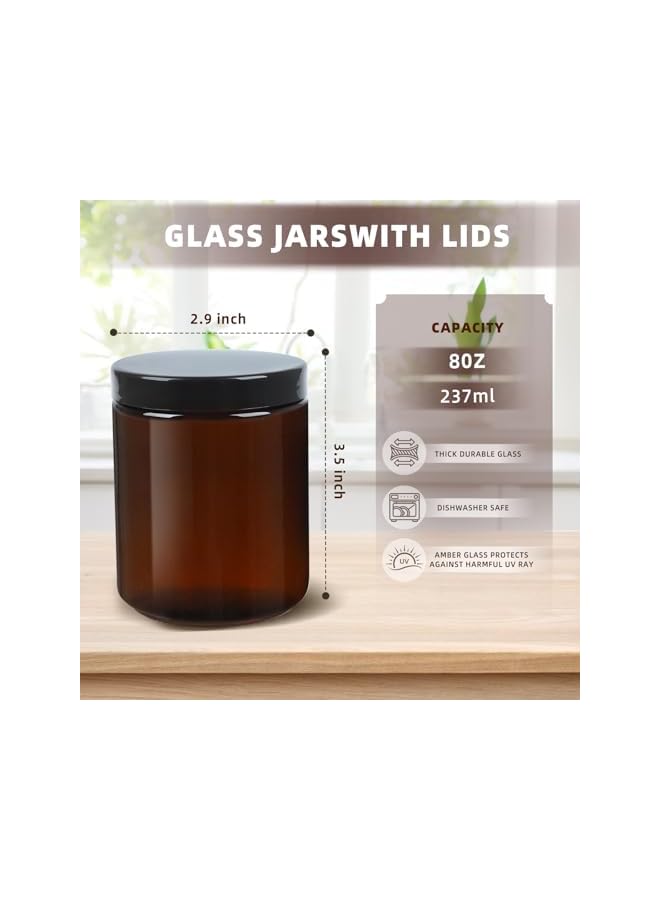 The Bros 12 Pack 8 oz Thick Brown Glass Jars with Lids – Reusable Candle Jars with 12 Metal & 12 Plastic Lids – Empty Round Storage Containers for Spices, Herbs, Powders, and DIY Canning - Image 2