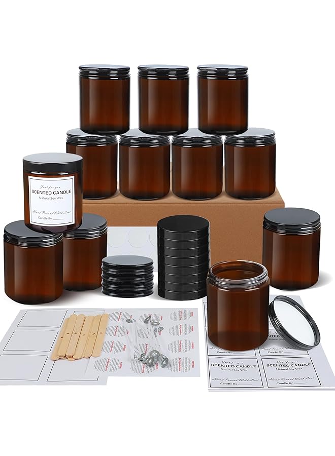 The Bros 12 Pack 8 oz Thick Brown Glass Jars with Lids – Reusable Candle Jars with 12 Metal & 12 Plastic Lids – Empty Round Storage Containers for Spices, Herbs, Powders, and DIY Canning - Image 1