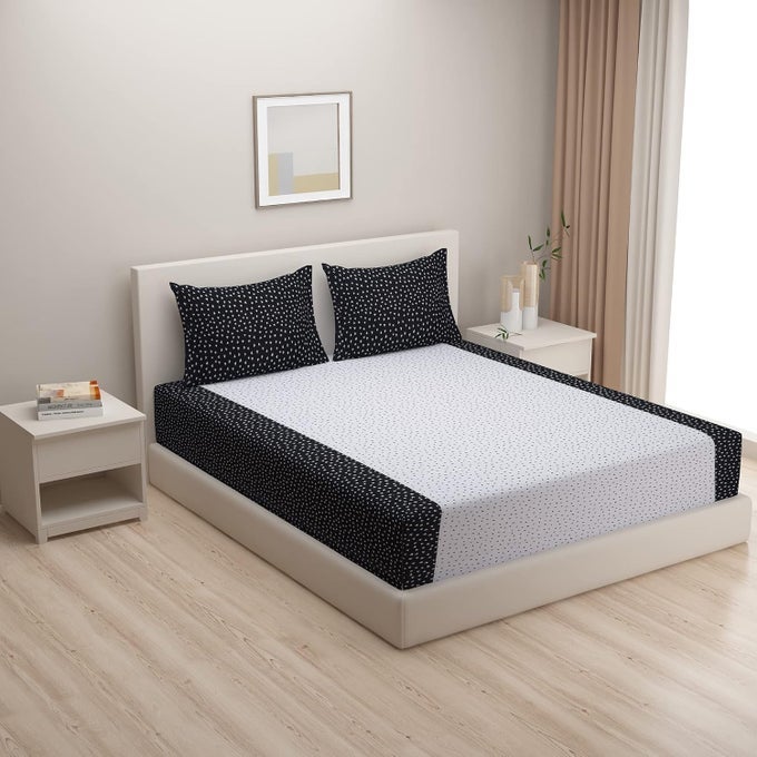 COTTON MIX AND MATCH DESIGN 200 TC DOUBLE FITTED BEDSHEET WITH 2 PILLOW COVERS -100% COLOR FAST IDEAL FOR DOUBLE BED LUXURIOUS AND BREATHABLE FABRIC - SHADES OF PARADISE, WHITE AND BLACK