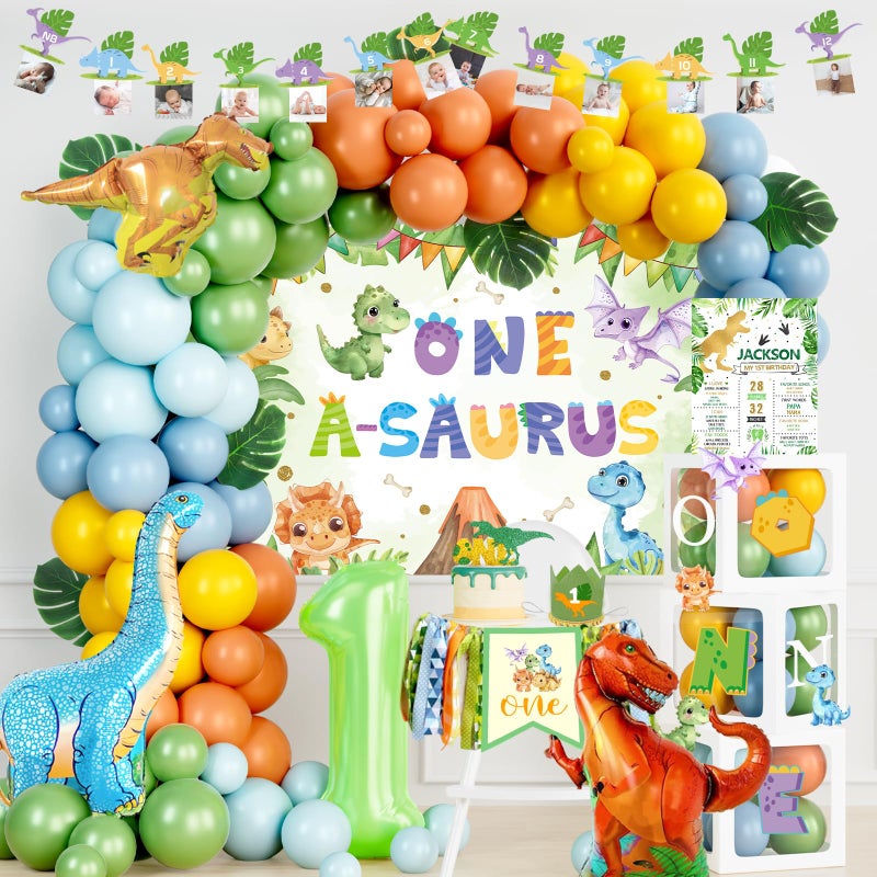 Fiesec One a Saurus Dinosaur First Birthday Party Decorations  Dino Themed 1 Year Old Backdrop Banner Balloon Cake Topper Crown Box Cutouts Poster