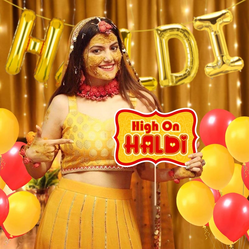 Zyozique ® Haldi Ceremony Decoration / Haldi Ceremony Decoration Combo Kit - Haldi Foil Balloon, Photo Booth Props, Rice Light & Balloons (Pack Of 37) - Image 4
