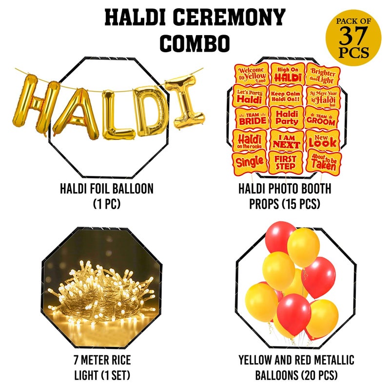 Zyozique ® Haldi Ceremony Decoration / Haldi Ceremony Decoration Combo Kit - Haldi Foil Balloon, Photo Booth Props, Rice Light & Balloons (Pack Of 37) - Image 2