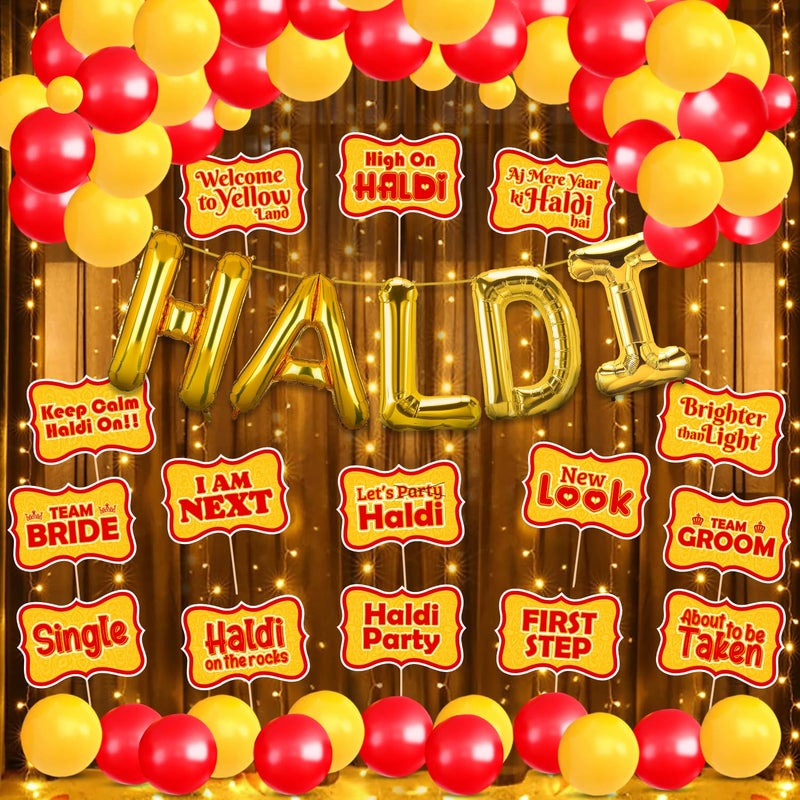 Zyozique ® Haldi Ceremony Decoration / Haldi Ceremony Decoration Combo Kit - Haldi Foil Balloon, Photo Booth Props, Rice Light & Balloons (Pack Of 37) - Image 1