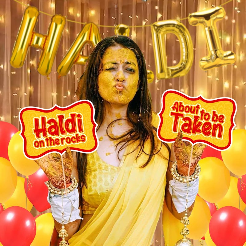 Zyozique ® Haldi Ceremony Decoration / Haldi Ceremony Decoration Combo Kit - Haldi Foil Balloon, Photo Booth Props, Rice Light & Balloons (Pack Of 37) - Image 5