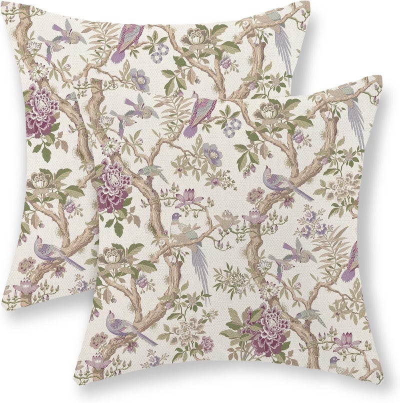 JEFERSO Purple Green Pillow Covers 18x18 Inch Set of 2 Floral Bird Chinoiserie Throw Pillows Vintage Flowers Bird Decorative Pillow Cases Linen Outdoor Farmhouse Cushion Cover for Couch Sofa Decor - Image 1