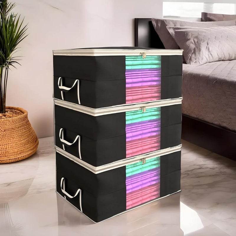 Kuber Industries Rectangular Leheriya Design Underbed BagStorage OrganiserBlanket CoverExtra Large Size Pack of 3 BlackNonWoven - Image 1