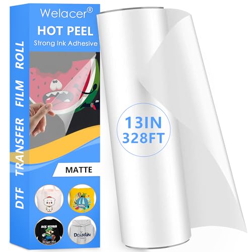 Welacer DTF Transfer Film Roll 13 Inch x 328 FT for DoubleSide Matte Clear Pretreat Sheets PET Heat Transfer Paper for Inkjet Printer Direct Print on T Shirts Textile