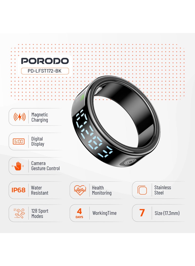 porodo FitSync Smart Ring with Digital Display and Touch Scroll Function / Number 7 Ring Size (17.3mm Diameter) / IP68 Water Resistant / Health Monitoring - Black  - Image 2