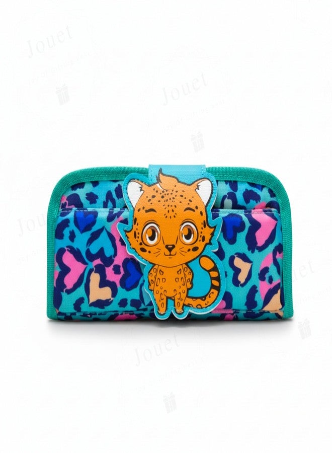 JOUET Leopard Print Cat Pencil Pouch for Girls Three-Compartment Roll-Up Stationery Organizer Large Capacity Fabric Case with Flap and Velcro Closure (Turquoise) - Image 2