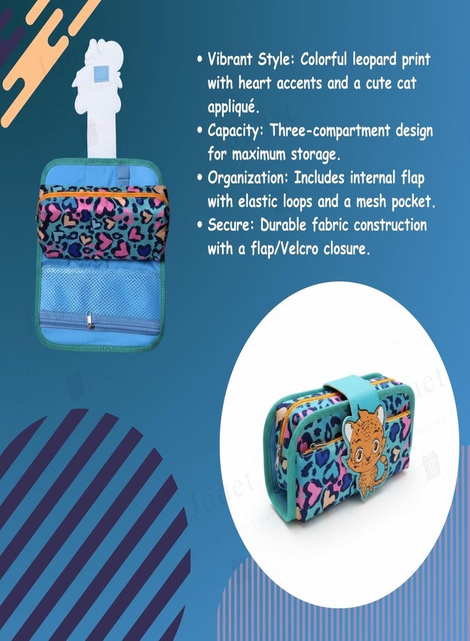 JOUET Leopard Print Cat Pencil Pouch for Girls Three-Compartment Roll-Up Stationery Organizer Large Capacity Fabric Case with Flap and Velcro Closure (Turquoise) - Image 3