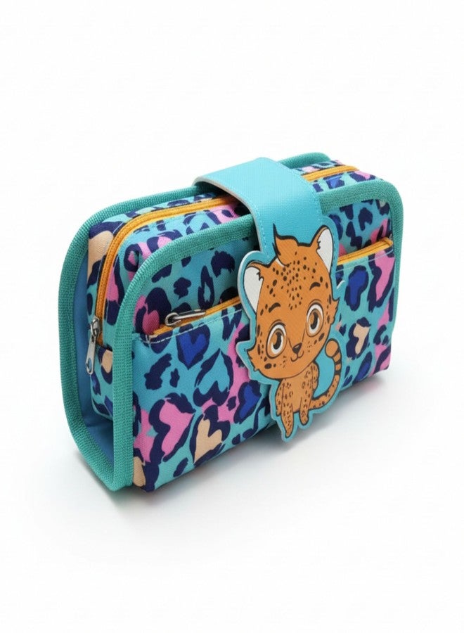 JOUET Leopard Print Cat Pencil Pouch for Girls Three-Compartment Roll-Up Stationery Organizer Large Capacity Fabric Case with Flap and Velcro Closure (Turquoise) - Image 1