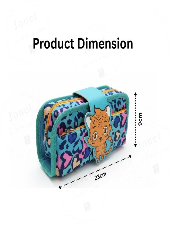 JOUET Leopard Print Cat Pencil Pouch for Girls Three-Compartment Roll-Up Stationery Organizer Large Capacity Fabric Case with Flap and Velcro Closure (Turquoise) - Image 4