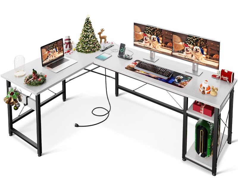 مكتب كمبيوتر على شكل L من كوليشوم 66 مع مخرج طاقة ورفوف تخزين زاوية مكتب كتابة متين حديث خشبي مكتبي مكتب ألعاب خشب معدن أبيض