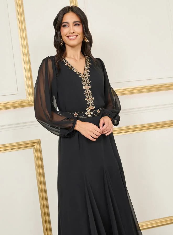 Maxim Creation Handwork Beaded Detail Belted Jalabiya by Styli