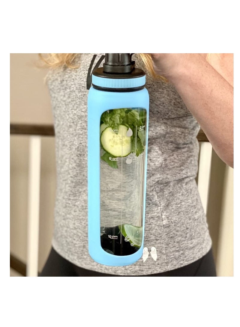Excefore 32 oz Glass Water Bottle with Time Marks and Silicone Sleeve - Flip Lid, Motivational Water Bottles for Hydration, Reusable, Wide Mouth, Leakproof, 1 Liter Glass Drinking Bottle, BPA Free  - Image 4