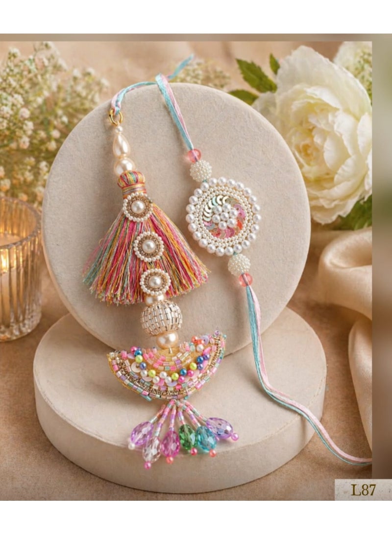 Premium Bhaiya Bhabhi Rakhi Set with Beaded Tassel and Round Design