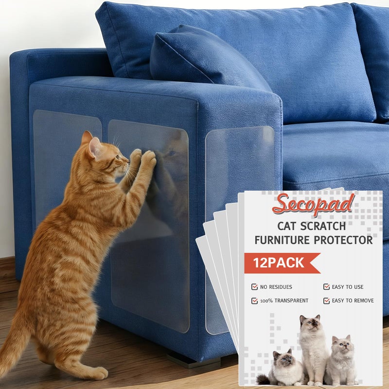 Secopad 12 PCS Large Cat Scratch Furniture Protector, Transparent Couch Protector from Cat Claws, Single-Sided Self Adhesive Anti Pet Deterrent Sofa Cover, 17IN - Image 1
