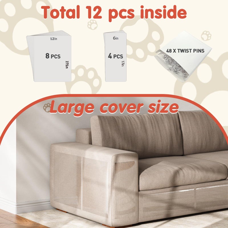 Secopad 12 PCS Large Cat Scratch Furniture Protector, Transparent Couch Protector from Cat Claws, Single-Sided Self Adhesive Anti Pet Deterrent Sofa Cover, 17IN - Image 3
