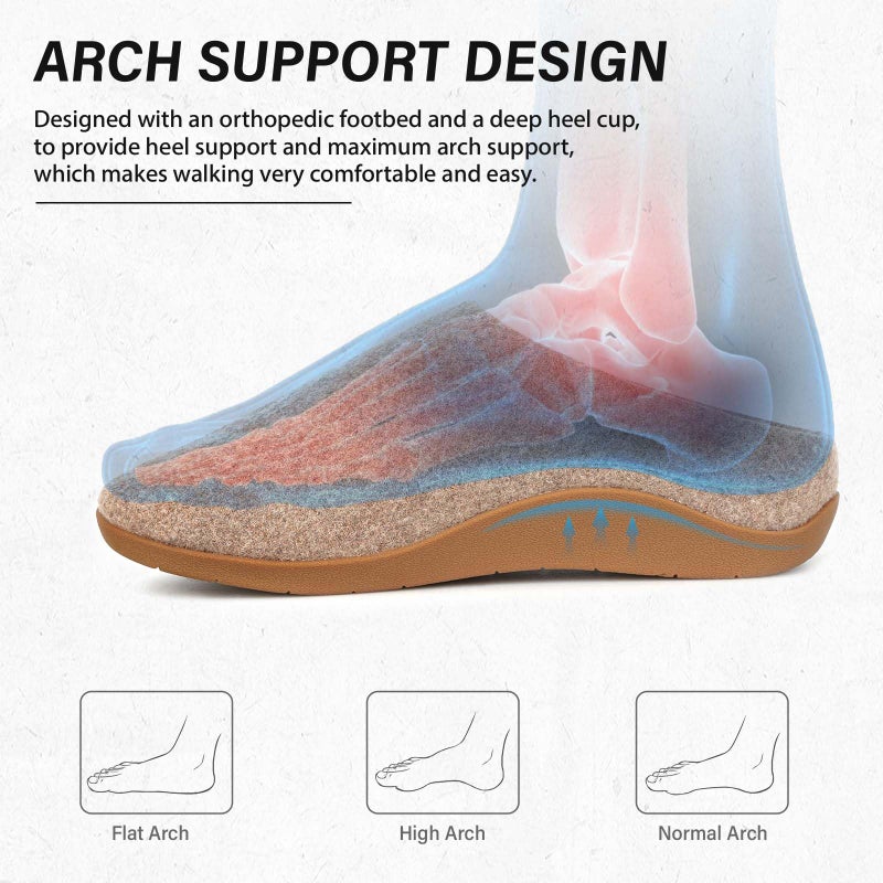 ERGOfoot House Slippers With Arch Support, Orthopedic Slippers for Plantar Fasciitis Pain Relief, Comfy Wool Felt Clog, Non-Slip Indoor Outdoor House Shoes for Women and Men/Khaki, W8/M7 - Image 3