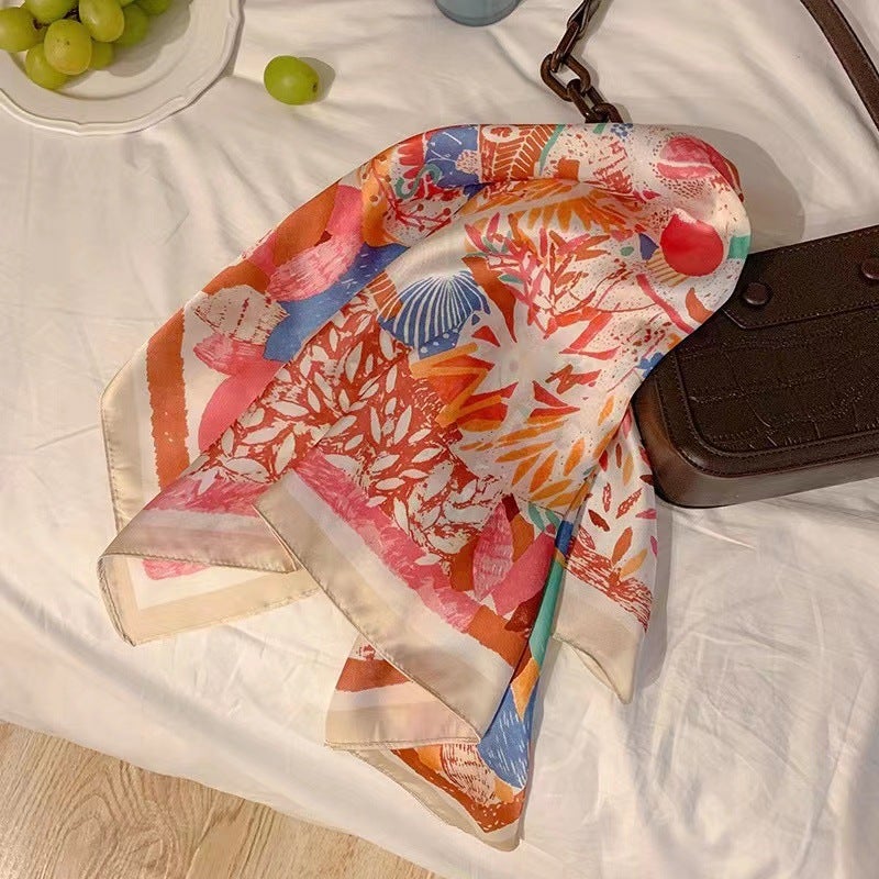 New French Style Retro 70 Square Scarf Womens All-match Summer Sunscreen Silk Scarf Instagram Seaside Beach Shade Shawl Turban Pink - Image 1