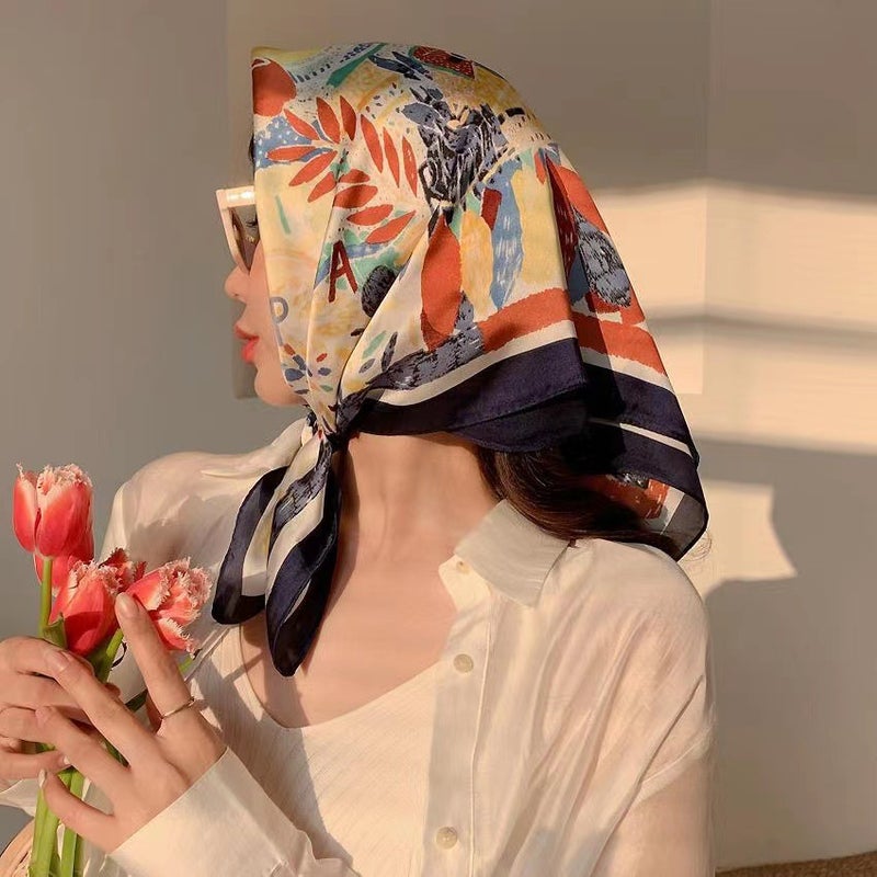 New French Style Retro 70 Square Scarf Womens All-match Summer Sunscreen Silk Scarf Instagram Seaside Beach Shade Shawl Turban Pink - Image 3