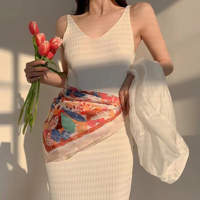 New French Style Retro 70 Square Scarf Womens All-match Summer Sunscreen Silk Scarf Instagram Seaside Beach Shade Shawl Turban Pink - Image 5