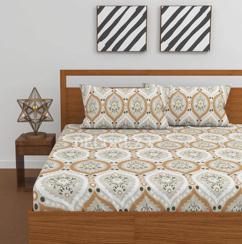 DECOREZA 350 TC Queen Size Elastic Fitted Bedsheet with Deep Pocket Cotton Feel Bed Sheet for Double Bed, Soft, Breathable & Wrinkle-Resistant, Includes 2 Pillow Covers, Size - 60"x78" Beige Arts - Image 2