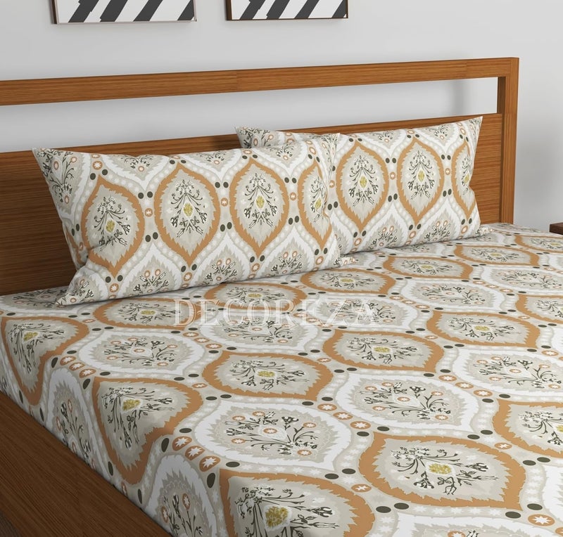 DECOREZA 350 TC Queen Size Elastic Fitted Bedsheet with Deep Pocket Cotton Feel Bed Sheet for Double Bed, Soft, Breathable & Wrinkle-Resistant, Includes 2 Pillow Covers, Size - 60"x78" Beige Arts - Image 3