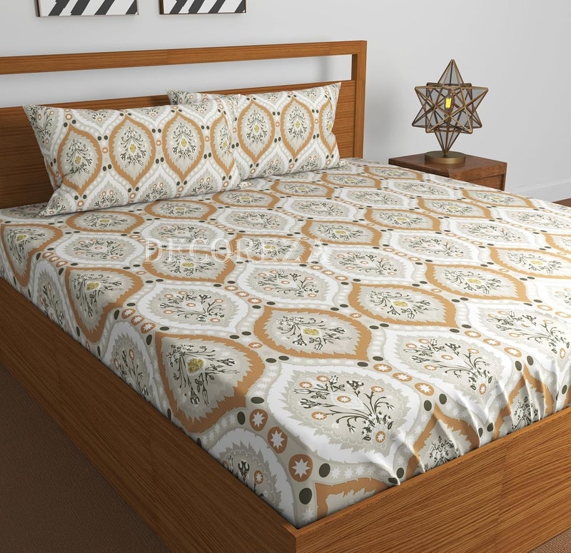 DECOREZA 350 TC Queen Size Elastic Fitted Bedsheet with Deep Pocket Cotton Feel Bed Sheet for Double Bed, Soft, Breathable & Wrinkle-Resistant, Includes 2 Pillow Covers, Size - 60"x78" Beige Arts - Image 1