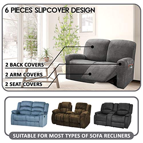 ULTICOR Reclining Love Seat Slipcover, 48" - 65" L, 6-Piece Velvet Stretch Loveseat Reclining Sofa Covers, 2 seat Love seat Recliner Cover, Thick, Soft, Washable (Dark Grey) - Image 2