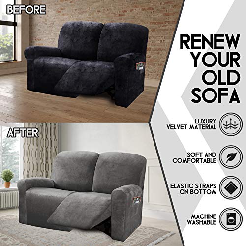 ULTICOR Reclining Love Seat Slipcover, 48" - 65" L, 6-Piece Velvet Stretch Loveseat Reclining Sofa Covers, 2 seat Love seat Recliner Cover, Thick, Soft, Washable (Dark Grey) - Image 5
