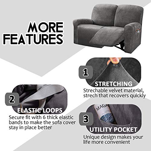 ULTICOR Reclining Love Seat Slipcover, 48" - 65" L, 6-Piece Velvet Stretch Loveseat Reclining Sofa Covers, 2 seat Love seat Recliner Cover, Thick, Soft, Washable (Dark Grey) - Image 4