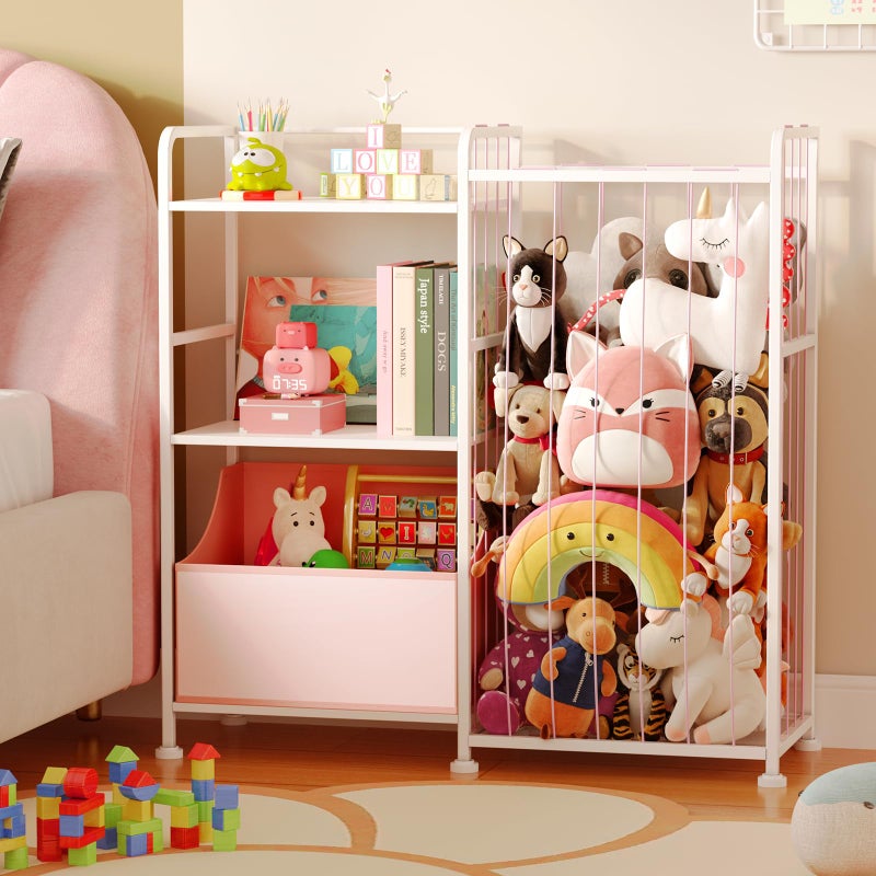 BBLIKE Stuffed Animal Storage - Stuffed Animal Net with Kids Bookshelf and Toy Organizer, 2-Tier White Bookshelf with Stuffed Animal Holder and Fabric Toy Chest for Kids Room, Playroom, Nursery, Pink - Image 1