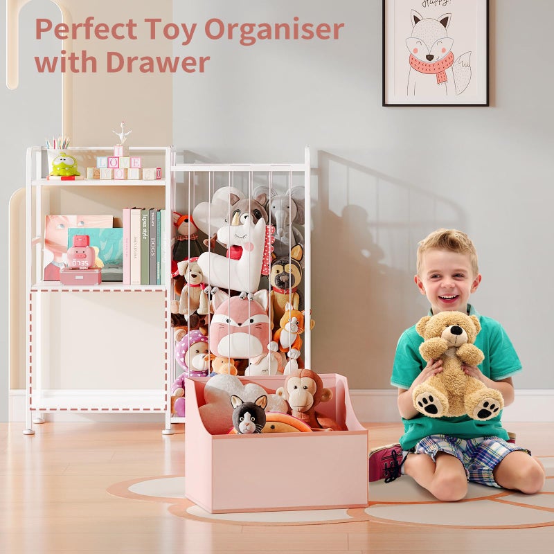 BBLIKE Stuffed Animal Storage - Stuffed Animal Net with Kids Bookshelf and Toy Organizer, 2-Tier White Bookshelf with Stuffed Animal Holder and Fabric Toy Chest for Kids Room, Playroom, Nursery, Pink - Image 4