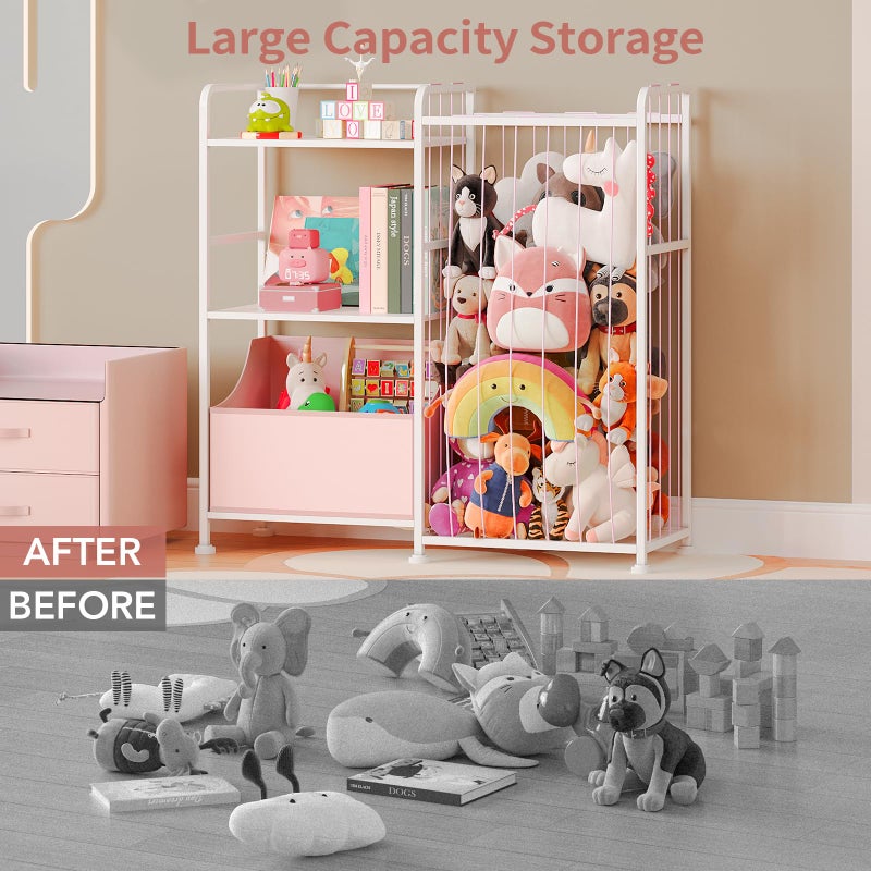BBLIKE Stuffed Animal Storage - Stuffed Animal Net with Kids Bookshelf and Toy Organizer, 2-Tier White Bookshelf with Stuffed Animal Holder and Fabric Toy Chest for Kids Room, Playroom, Nursery, Pink - Image 3